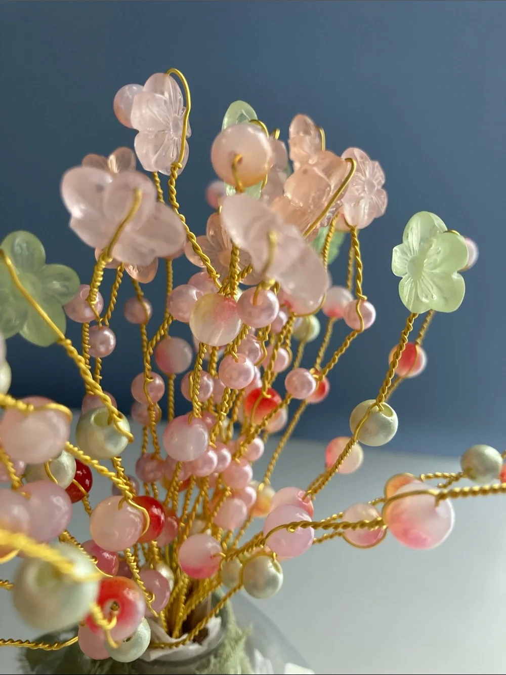 HANDMADE BEADED FLOWER BOUQUET PASTEL MULTICOLOR PEACH GREEN NEW